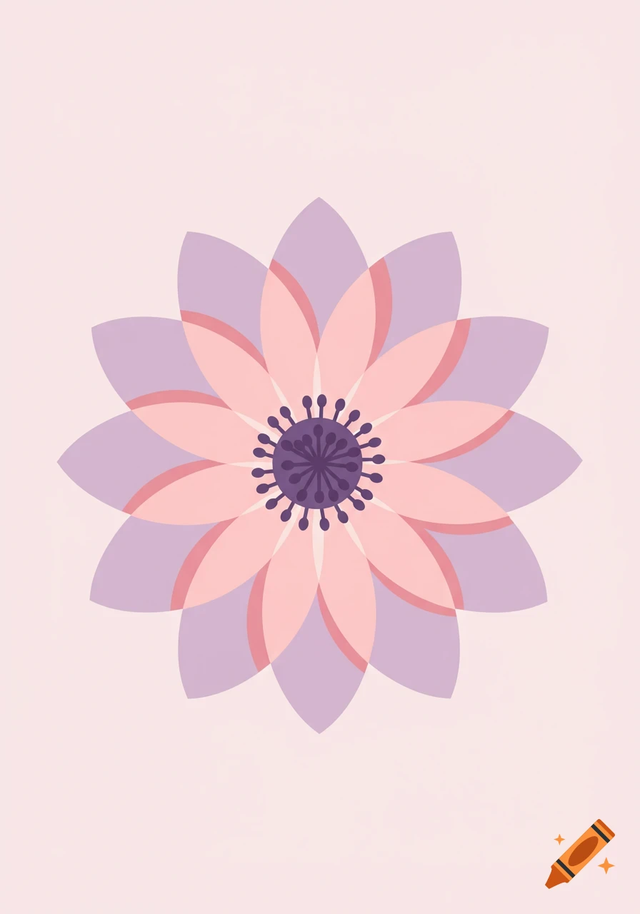 A stylized pink and purple flower illustration on a light pink background.
