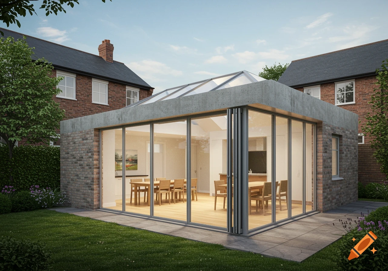 A photorealistic image of a house with a modern glass and concrete extension featuring bifold doors and a large skylight, set in a green garden.