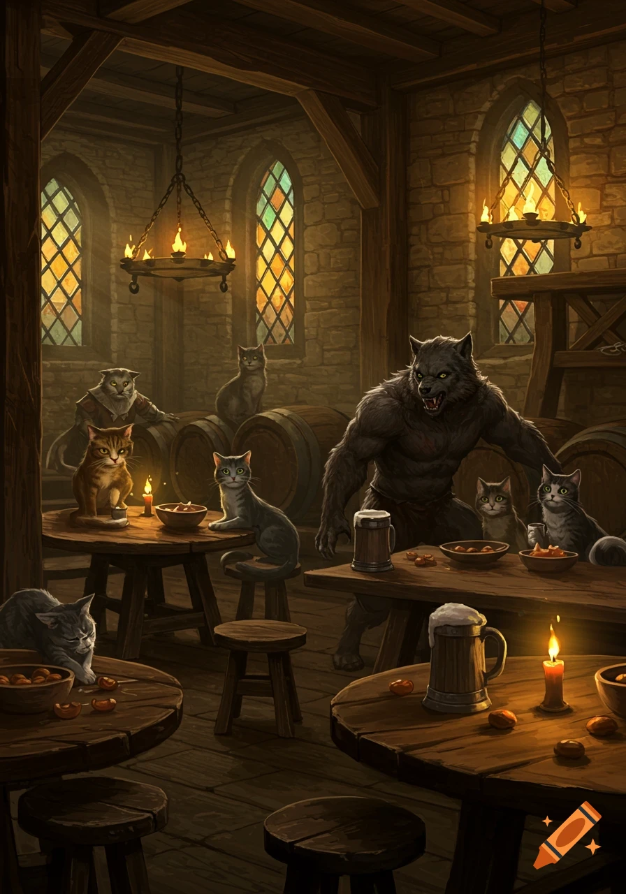 A detailed fantasy illustration of cats and a werewolf in a dimly lit medieval tavern, gathered around wooden tables with food and drink.