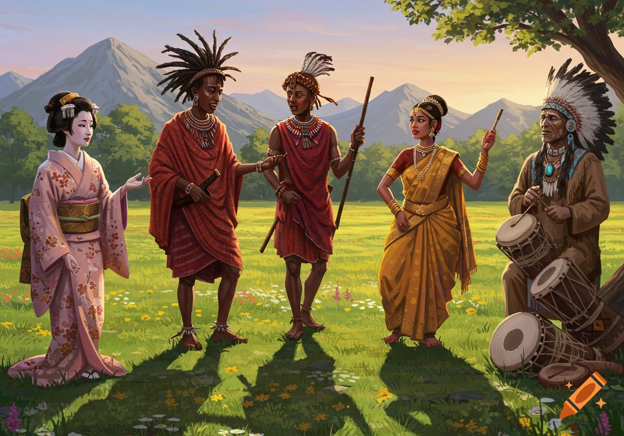 Five people from different cultures (Japanese, Maasai, Indian, Native American) in traditional attire, standing in a sunny, flower-filled green field with mountains in the background. They appear to be interacting.