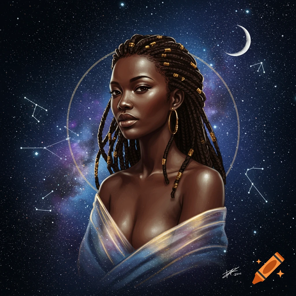 A dark-skinned woman with braided hair and hoop earrings in a blue flowing gown, set against a starry night sky with constellations and a crescent moon.