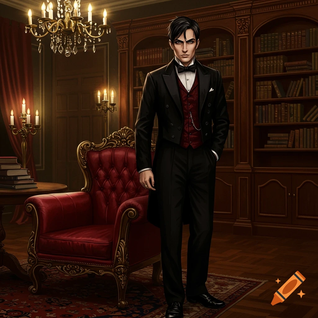 A man with dark hair in a black suit, red vest, and bow tie stands in an elegant, candlelit library beside a red armchair.