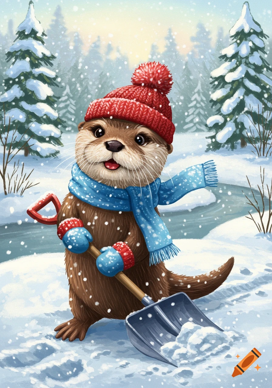 A cute cartoon otter wearing a red knit hat and blue scarf, holding a snow shovel in a snowy forest scene with falling snow.