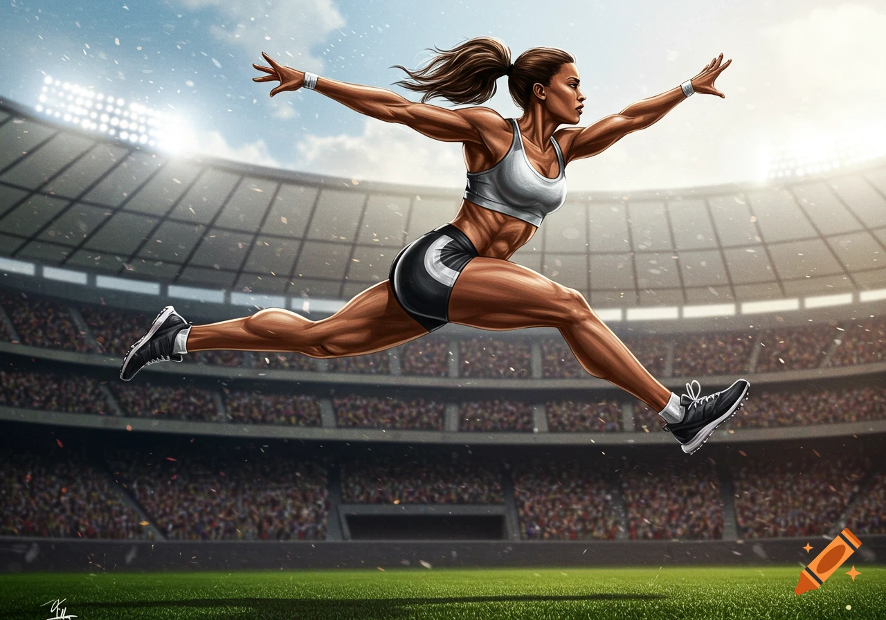 A muscular female athlete leaping in a stadium, rendered in a dynamic cartoon style.