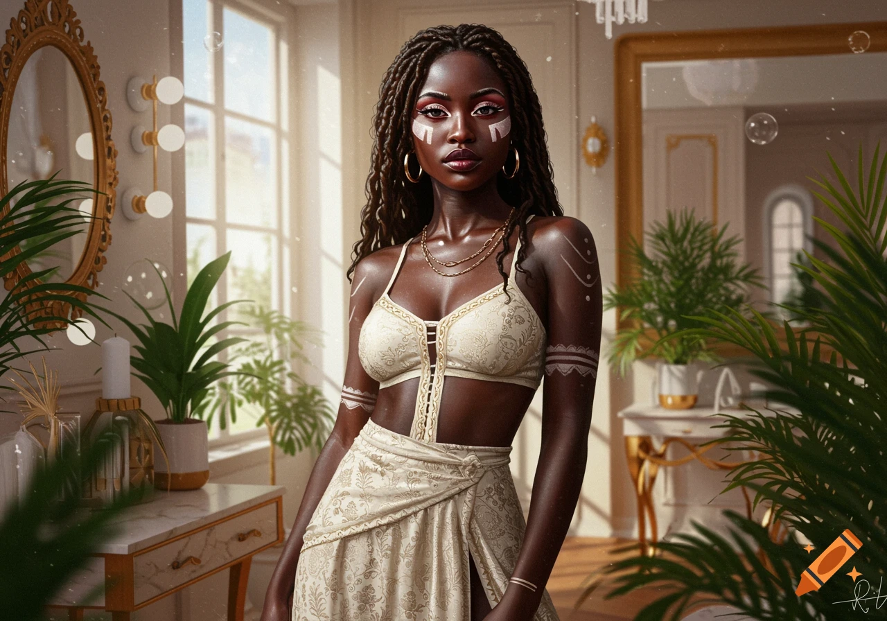 Photorealistic portrait of a dark-skinned woman with dreadlocks and white face paint, wearing an ornate white outfit in a bright room with plants.