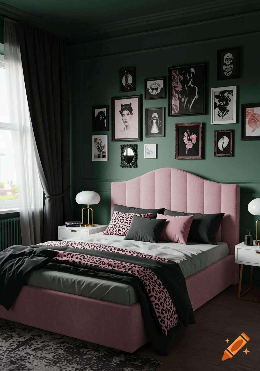 A bedroom featuring dark green walls, a pink upholstered bed with leopard print and black bedding, white nightstands, and a gallery wall with diverse art.