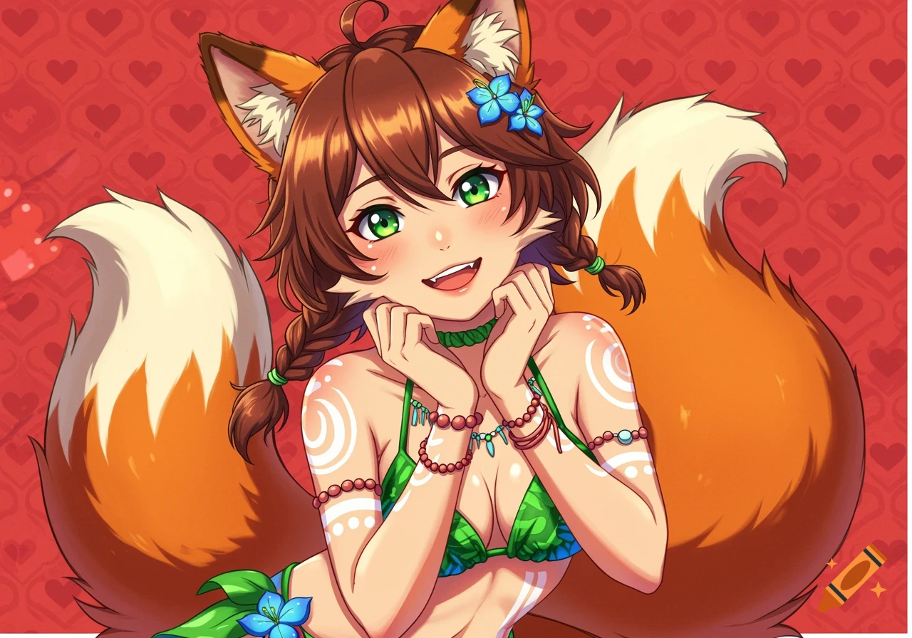 Anime-style fox girl with brown hair, green eyes, and tribal body paint, smiling in a green bikini against a red heart background.