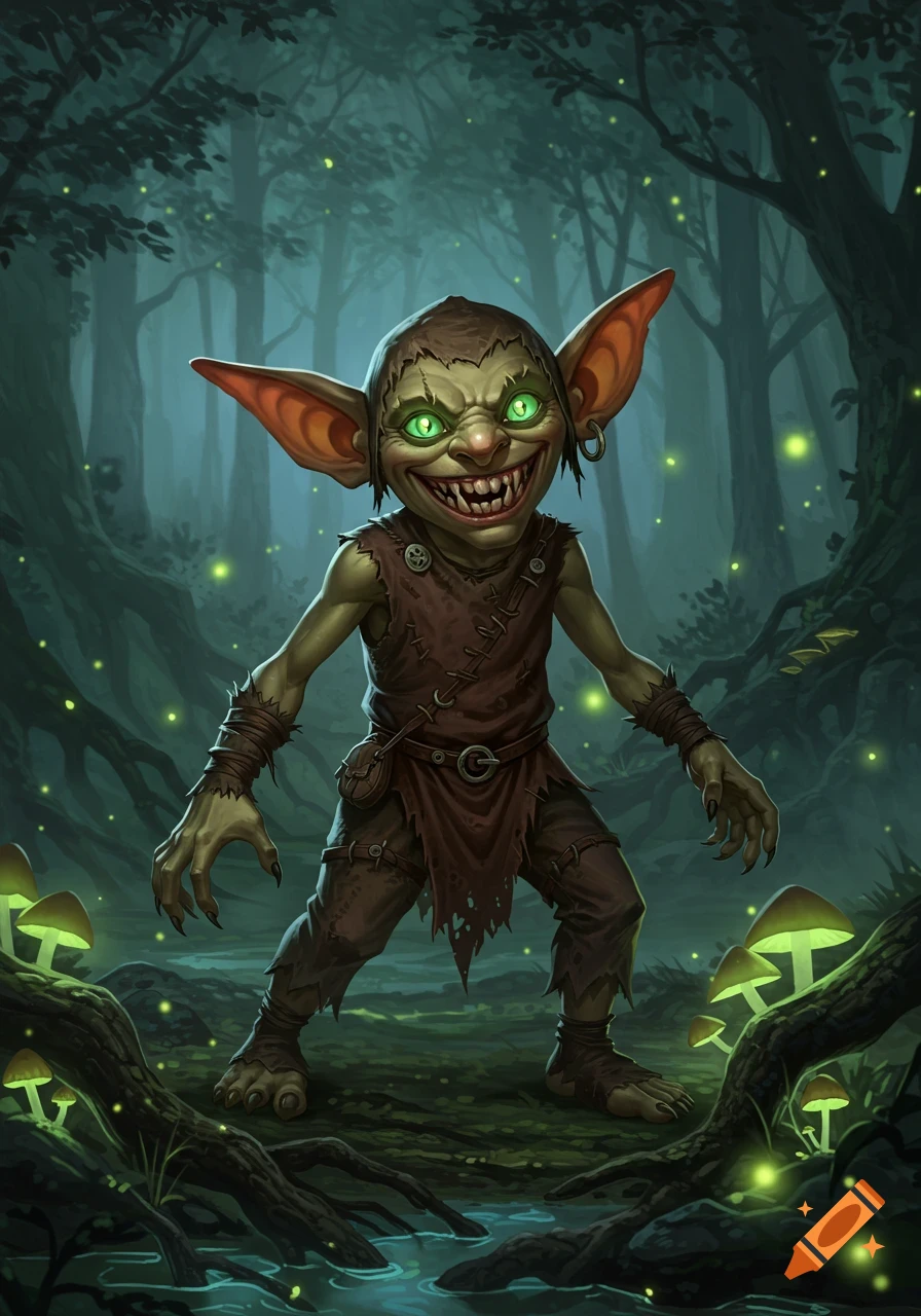A grinning goblin with large ears and glowing green eyes stands in a dark, magical forest with luminescent mushrooms.