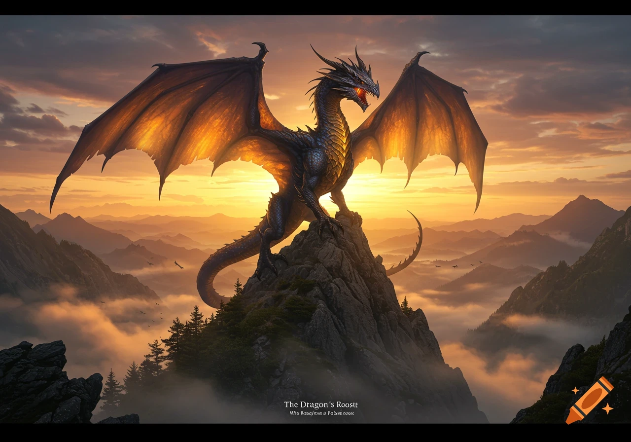 A majestic black dragon with glowing orange wings and eyes stands atop a rocky mountain peak at sunset, overlooking a vast mountain range with clouds in the valleys.