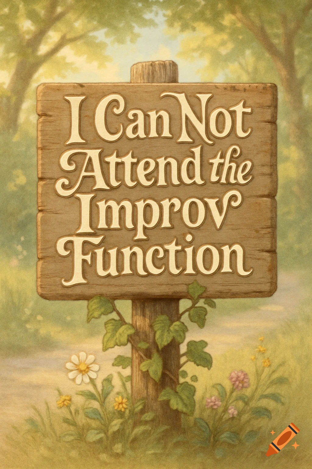 A whimsical wooden sign in a forest setting reads, "I Can Not Attend the Improv Function."
