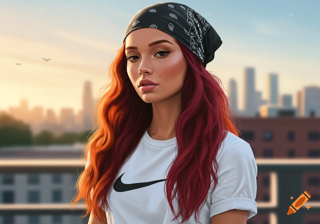 A woman with long red hair and a black bandana wearing a white Nike t-shirt, standing with a blurred city skyline at sunset.