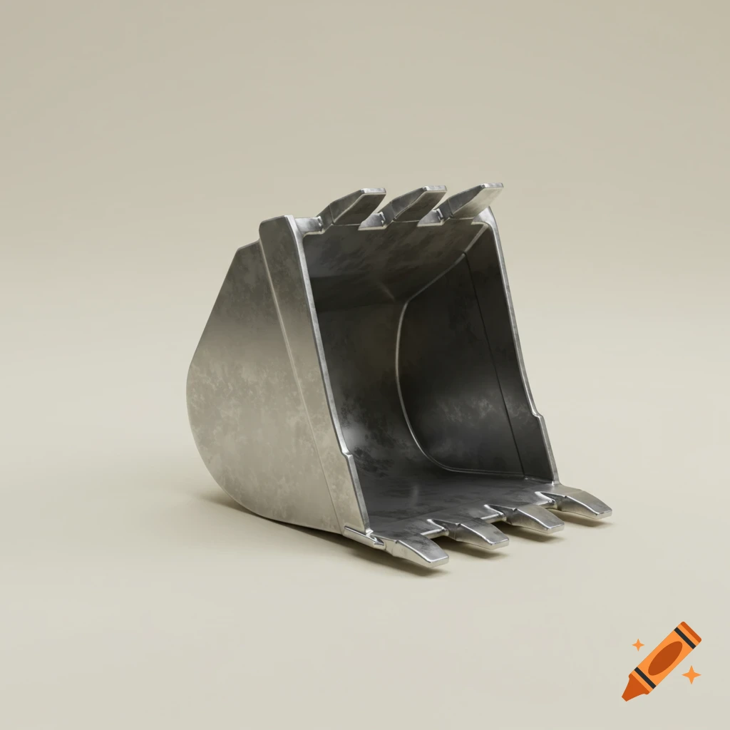 A photorealistic image of a metallic excavator bucket angled 3/4 view on a plain background.