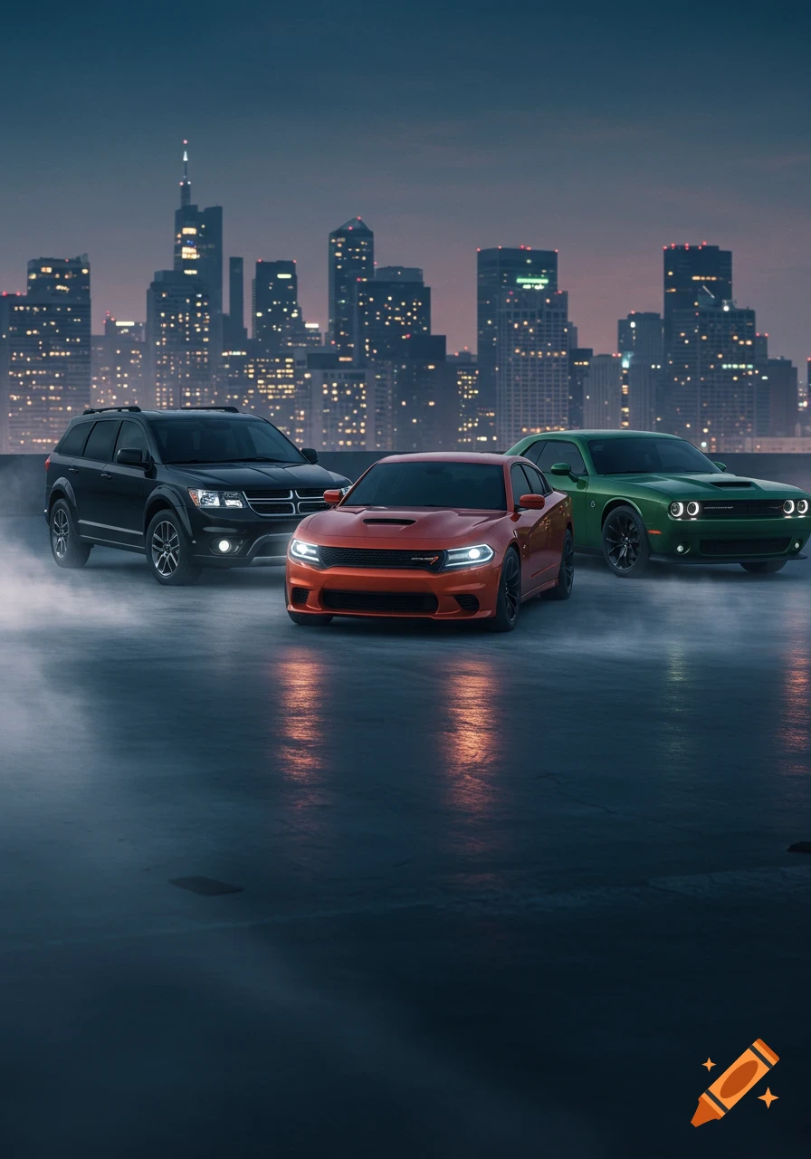 Three cars, a black SUV, an orange sports car, and a green sports car, parked on a wet surface with a city skyline at dusk in the background. The orange car is in the foreground.