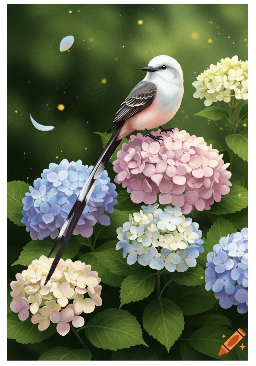A white and pink scissor-tailed flycatcher bird sits on a pink hydrangea blossom surrounded by blue and yellow hydrangeas.