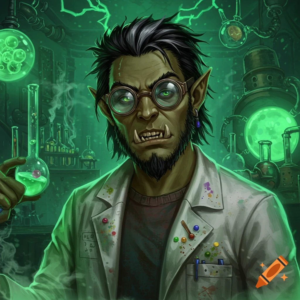 A green-skinned half-orc scientist with glasses and a beard holds a bubbling flask in a glowing green laboratory.