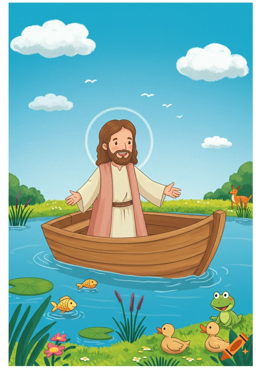 A cartoon illustration of Jesus in a wooden boat on blue water, surrounded by various animals, under a blue sky.