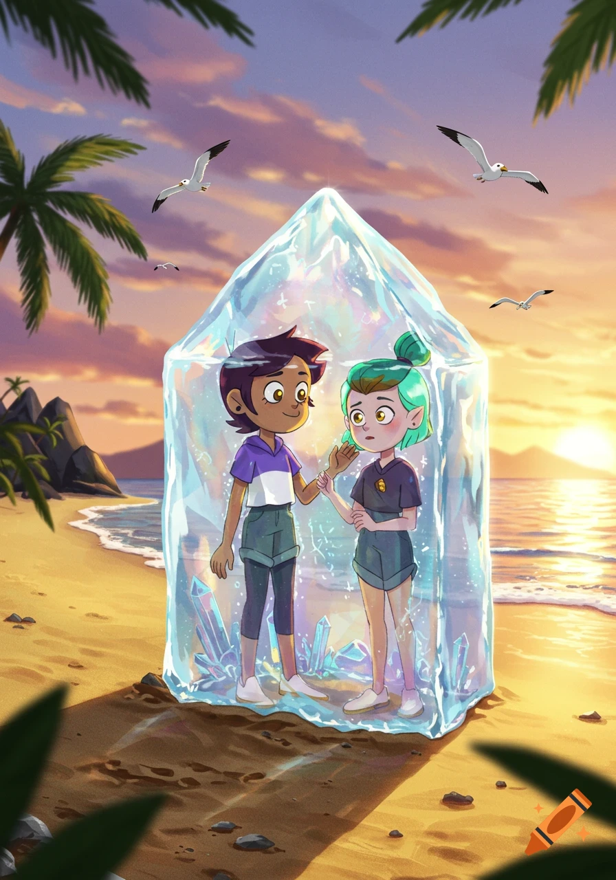 Luz and Amity, cartoon characters, standing inside a large clear ice crystal on a sandy beach at sunset.