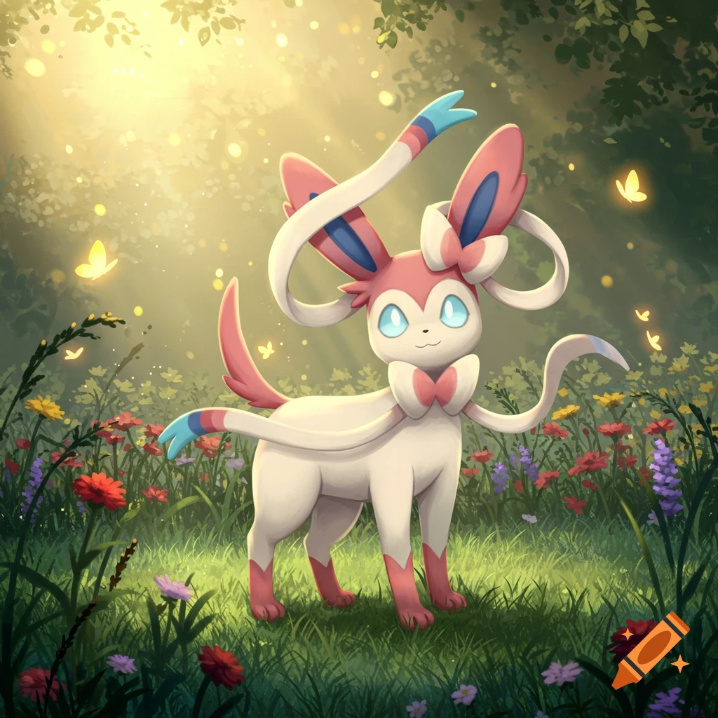 A pink and white Sylveon stands in a lush, sunlit field filled with colorful flowers and glowing butterflies.