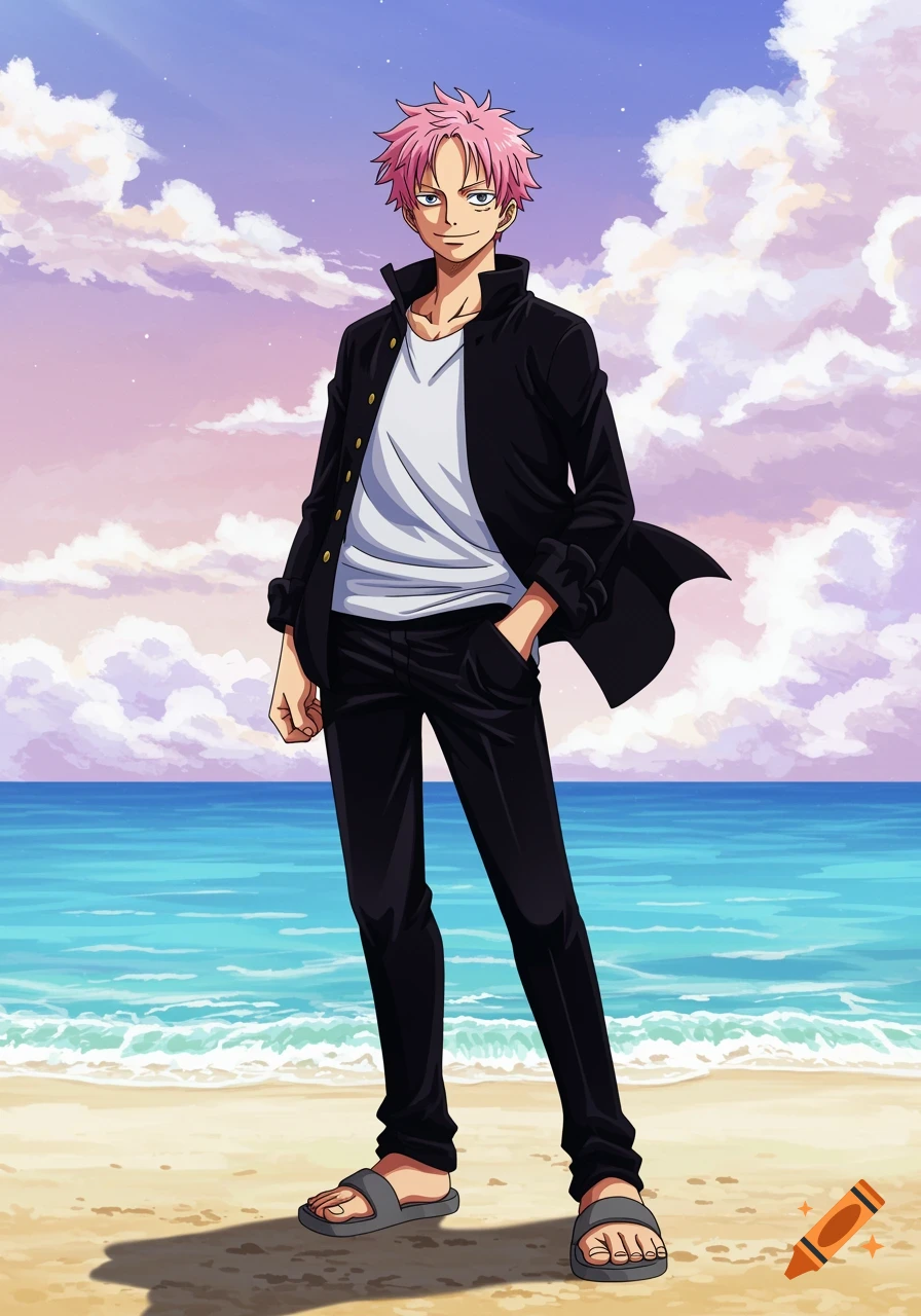 A young anime man with spiky pink hair, violet eyes, and an open black jacket over a white t-shirt, black pants, and grey sandals, stands on a sandy beach with blue ocean and a cloudy sky.