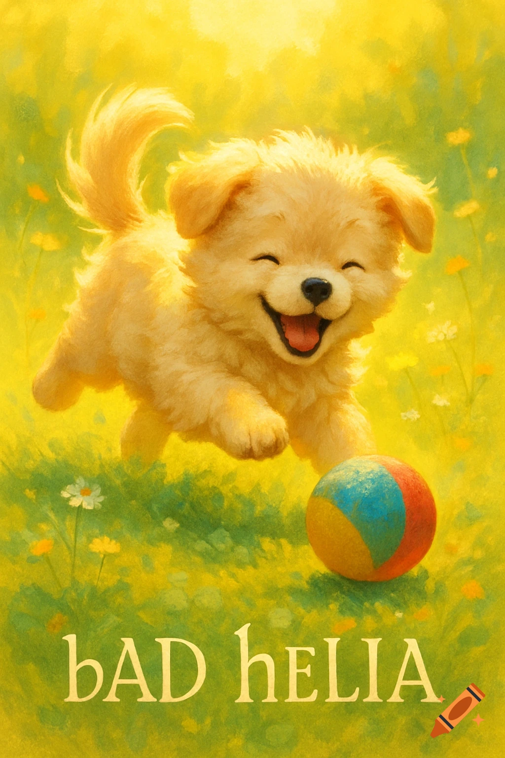 A happy golden puppy with a big smile runs toward a colorful ball in a bright, grassy field, painted in a cheerful, sunny style.