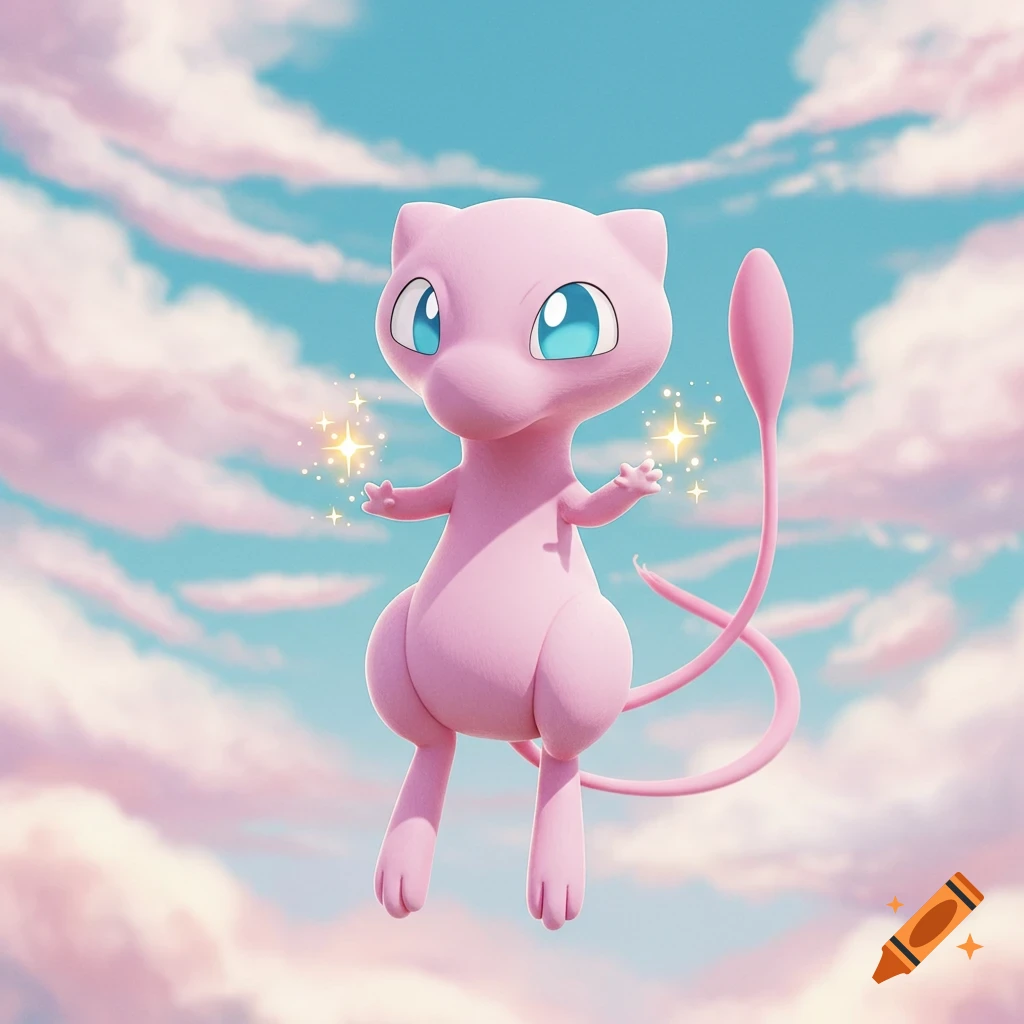 Pink cartoon creature, Mew, floats in a blue sky with pink clouds, sparkling magic around its hands.