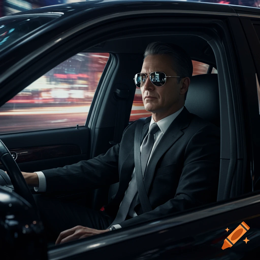 Photorealistic image of a man in a suit wearing sunglasses driving a car at night with city lights blurred in the background.