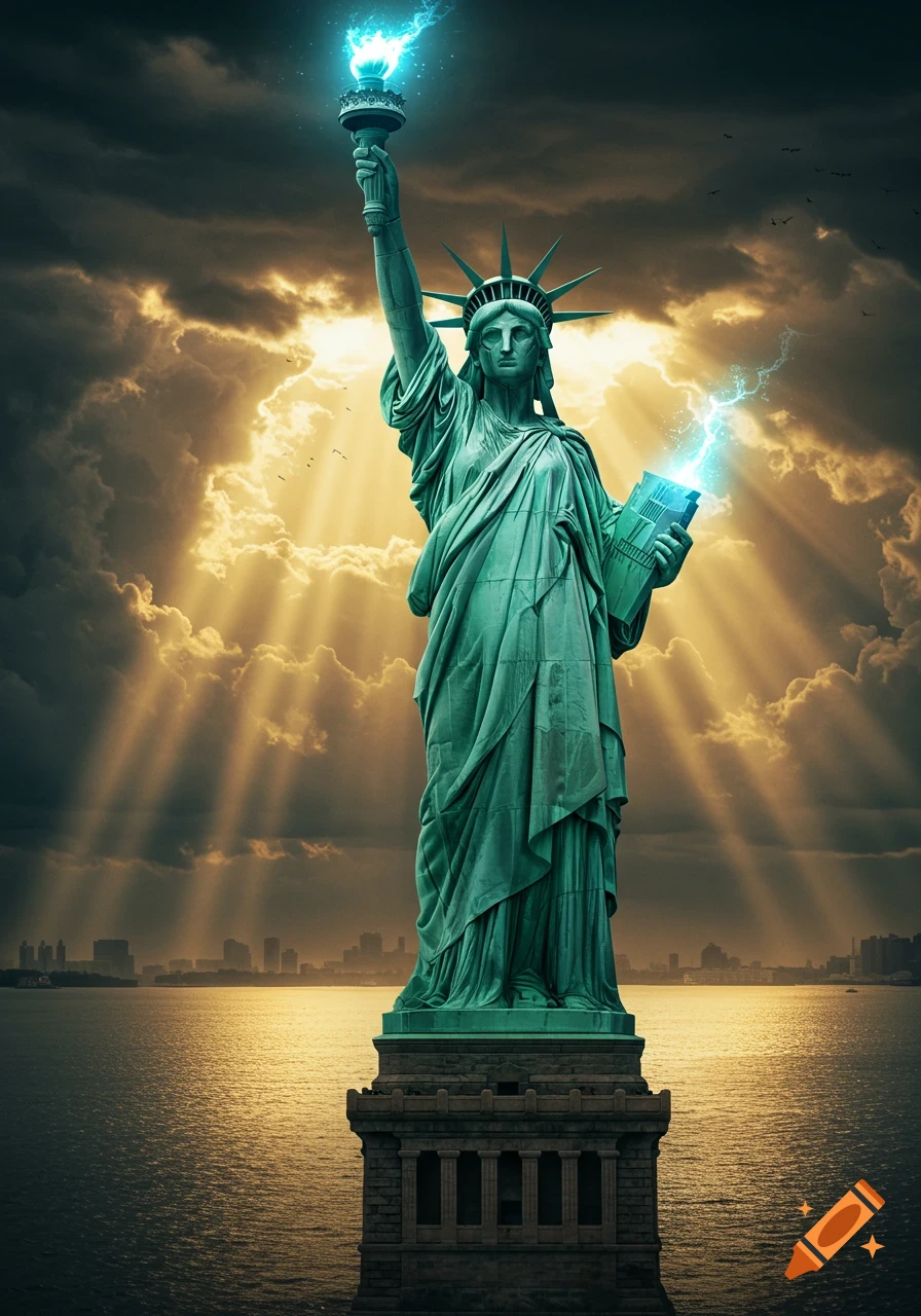 The Statue of Liberty holding a glowing blue torch and tablet with lightning, against a dramatic, sun-streaked cloudy sky and distant city.