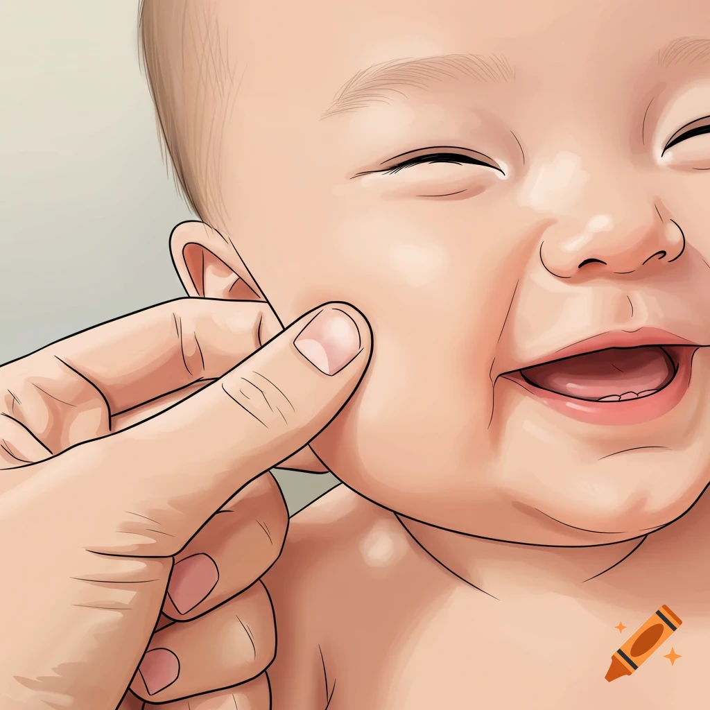 Extreme close-up cartoon line drawing of a hand gently pinching a baby's smiling cheek.