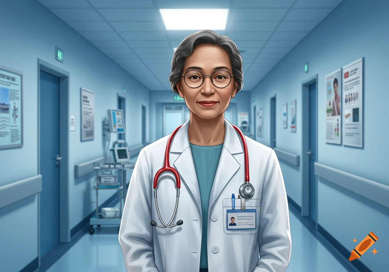A confident Asian female doctor in a white lab coat and red stethoscope stands in a brightly lit hospital hallway. Digital art style.