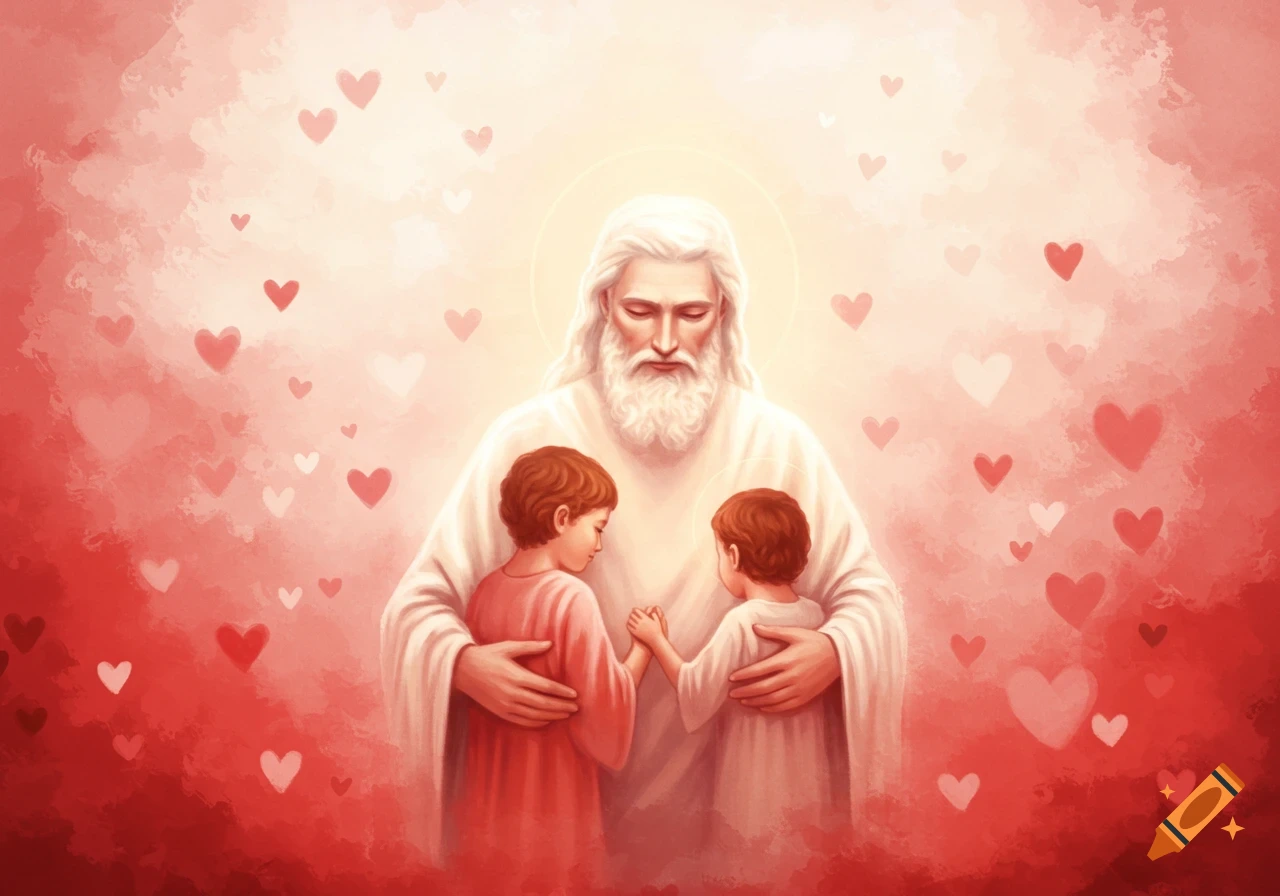 A robed, bearded figure embraces two children amidst a soft red and white watercolor background with floating hearts.