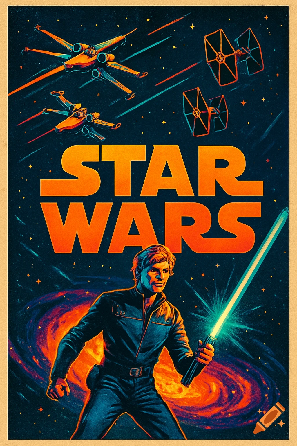 Retro Star Wars poster art with Han Solo holding a lightsaber, X-wings, TIE fighters, and a nebula in space.
