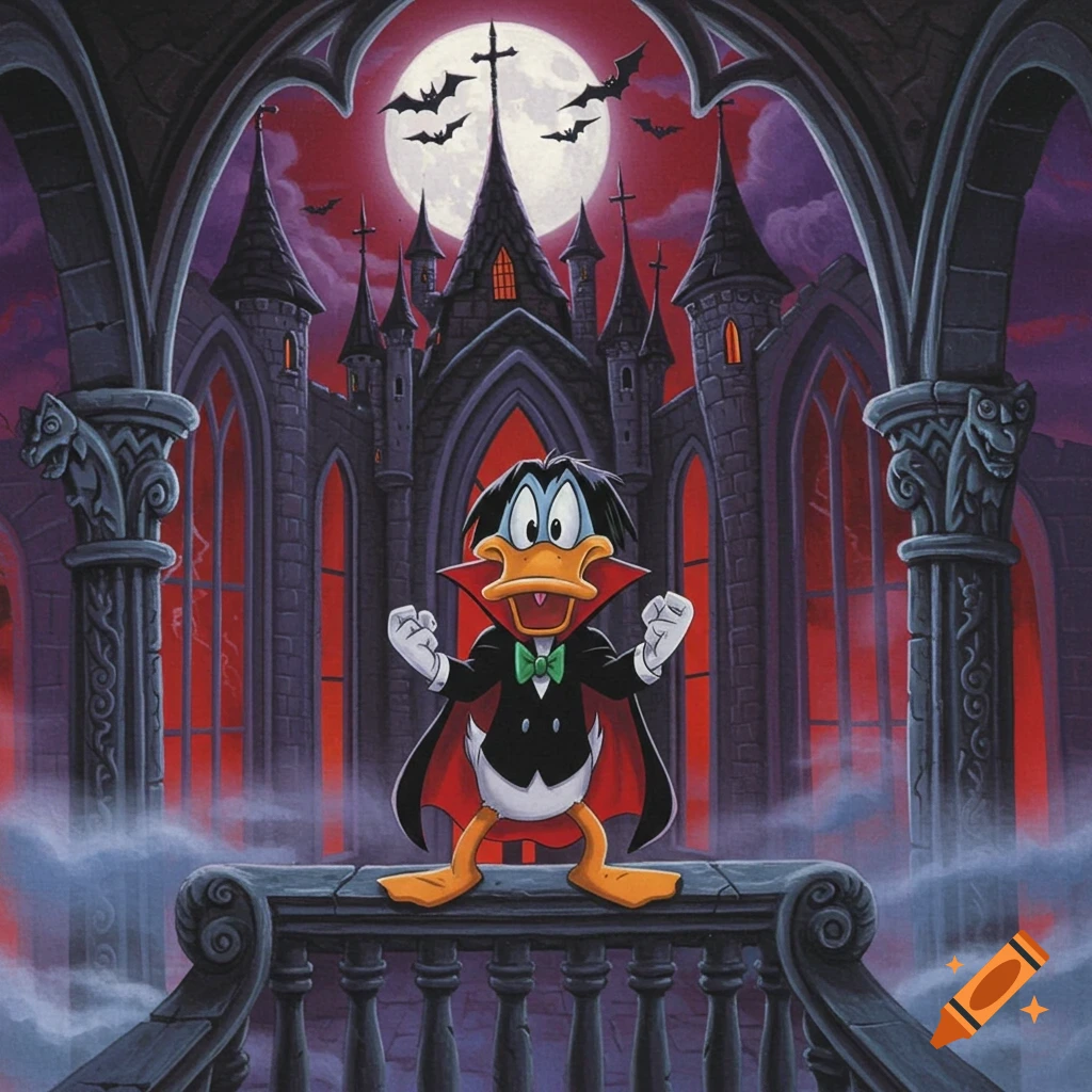 Cartoon Count Duckula in a cape stands on a castle balcony under a full moon with bats.