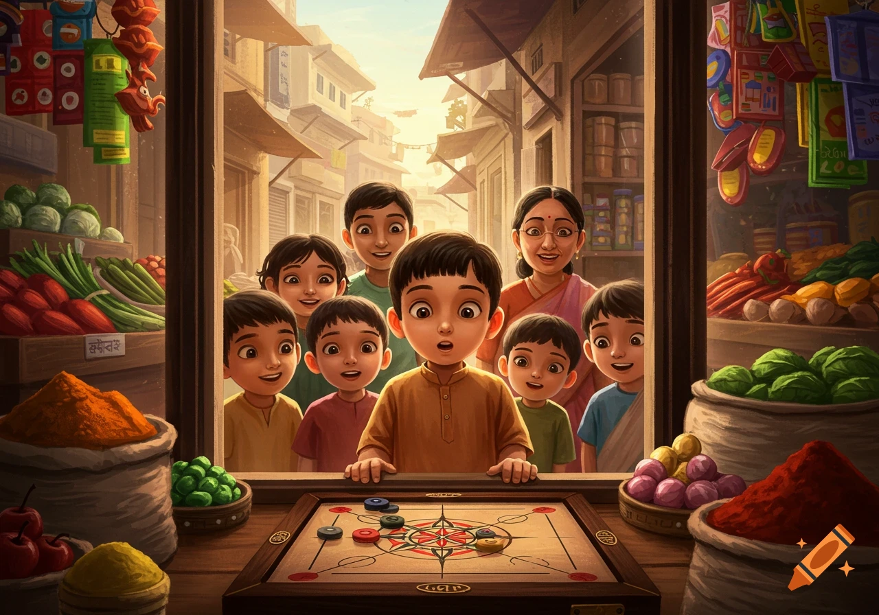 Indian children and a woman gaze through a shop window at a carrom board, with market stalls full of vegetables and spices in the foreground.
