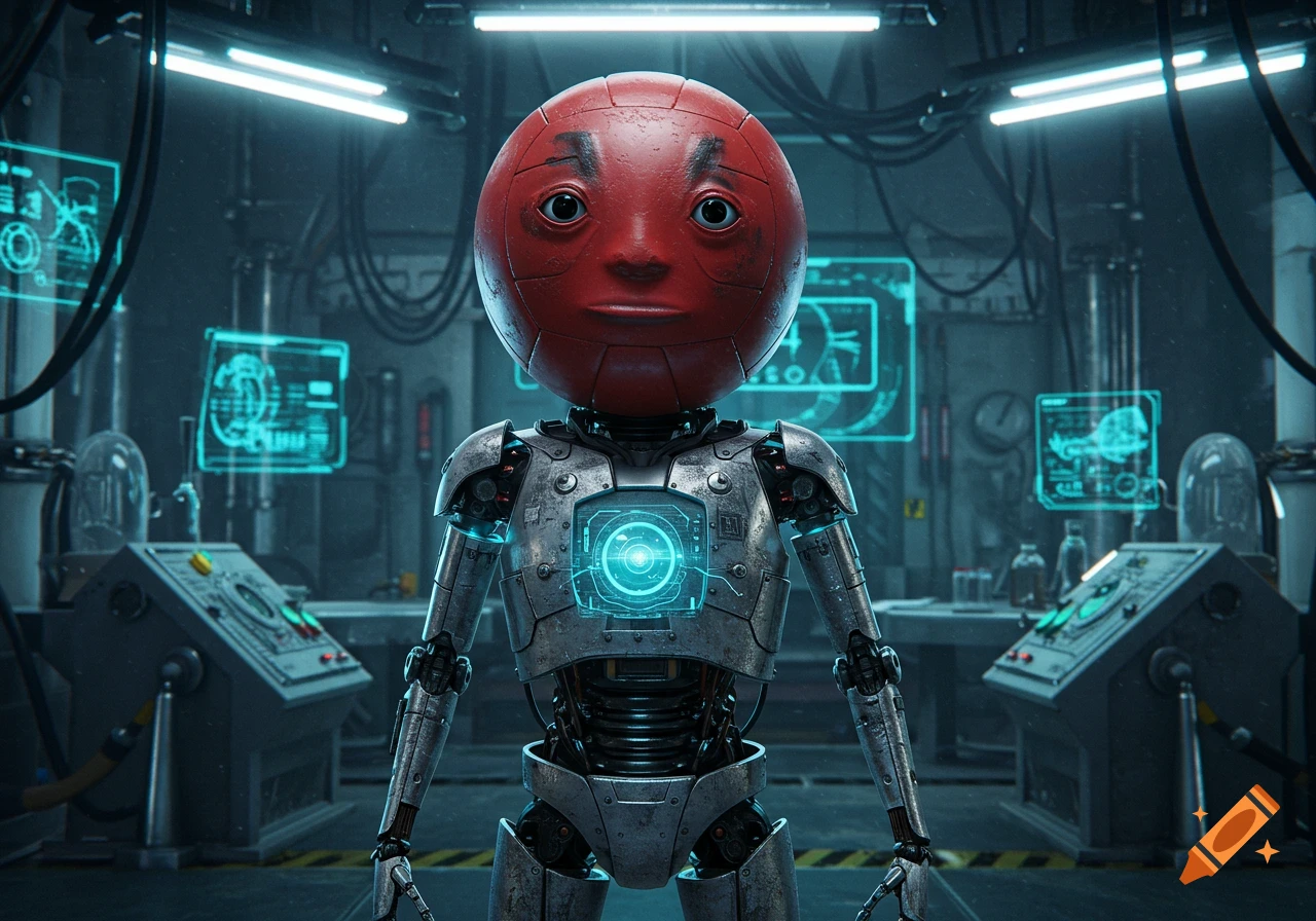 A photorealistic robot with a red, human-like spherical head stands in a futuristic, neon-lit laboratory.