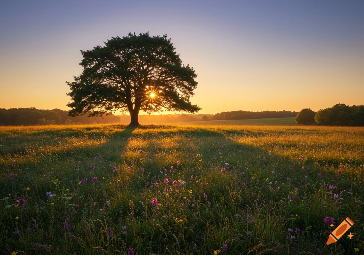 Photorealistic image of a tree silhouetted against a golden sunset in a ...