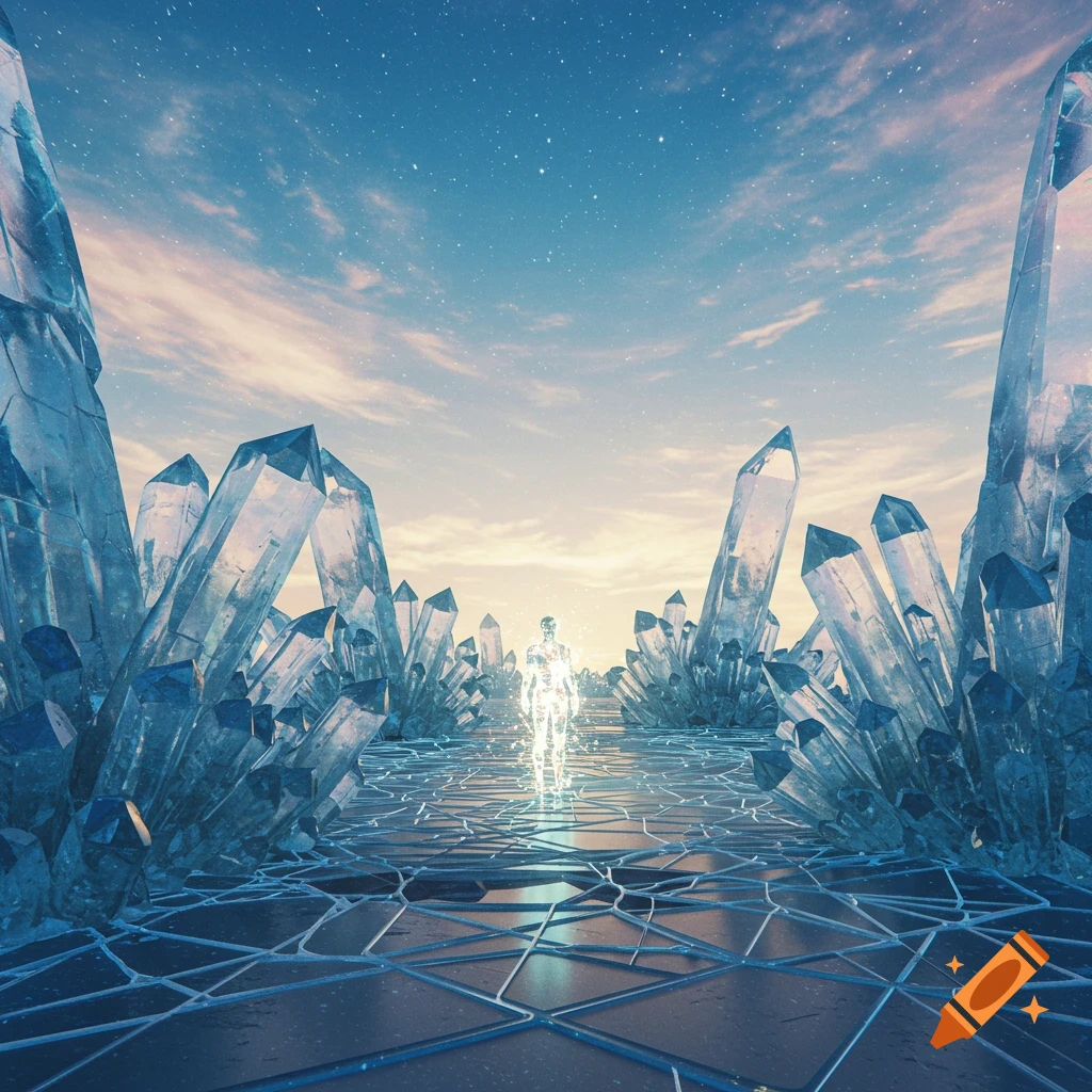 A glowing figure stands on a tiled platform surrounded by enormous blue crystals under a starry sky.