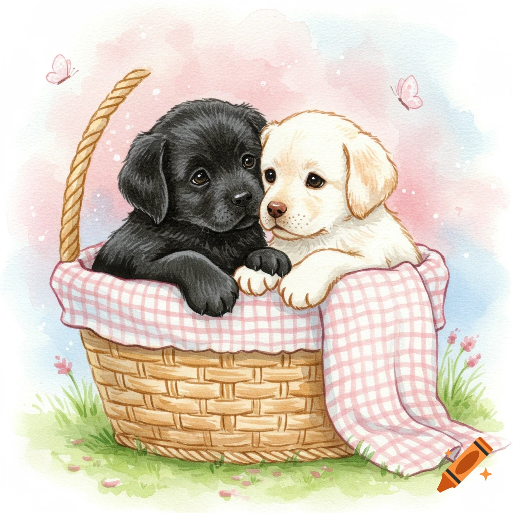 A black lab puppy and a white lab puppy snuggle in a woven basket with a pink checkered blanket in a charming watercolor cartoon.