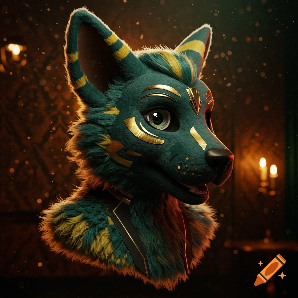 Close-up of an anthropomorphic fox head with teal and gold fur, adorned with art deco patterns, against a dark, warm-lit background.