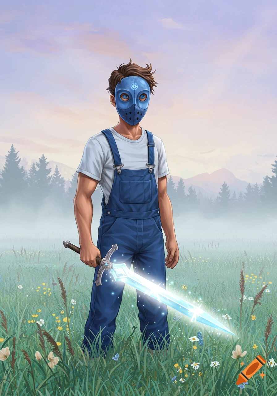 A male character in blue overalls and a blue mask holds an enchanted glowing sword in a grassy field.