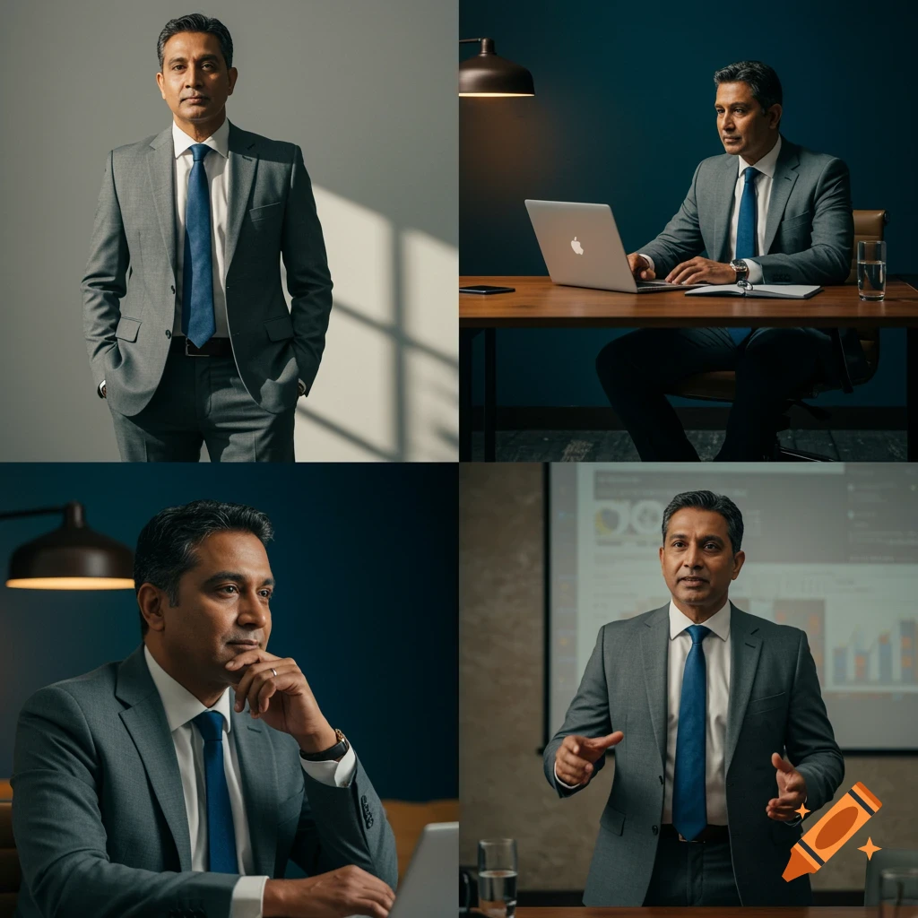 Four photorealistic portraits of a professional Indian man in a business suit, posing, working, and presenting.