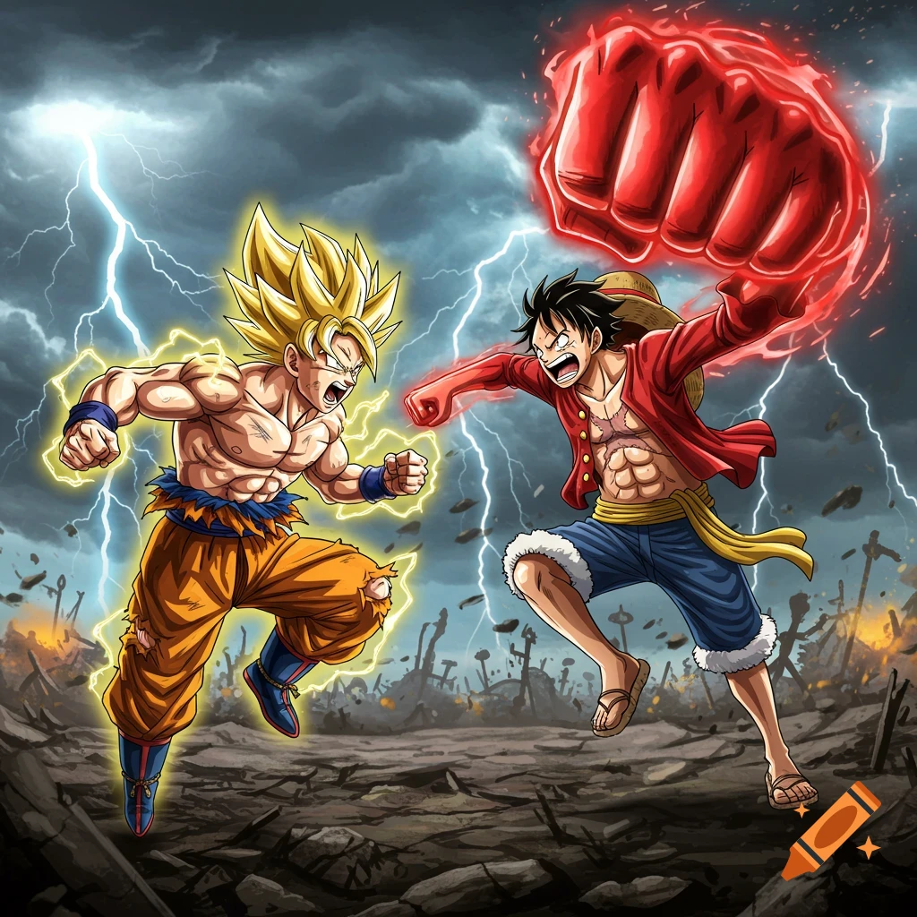 Goku and Luffy in an epic anime battle, surrounded by lightning and a stormy, war-torn landscape.