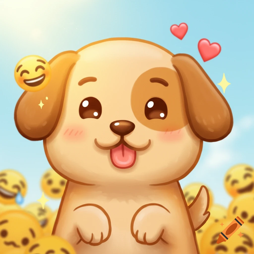 A cute cartoon puppy with big eyes and a tongue sticking out, surrounded by yellow smiling emojis and red hearts.