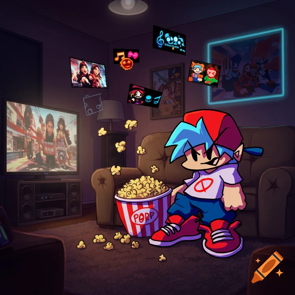 Cartoon character from Friday Night Funkin' eating popcorn on the floor in a living room while watching TV.
