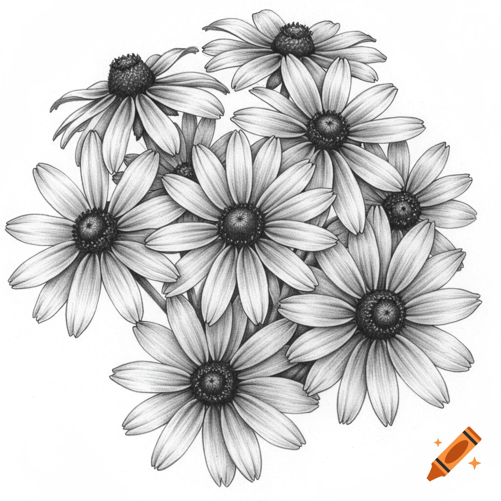 A black and white pencil sketch of a bouquet of black-eyed Susan flowers.