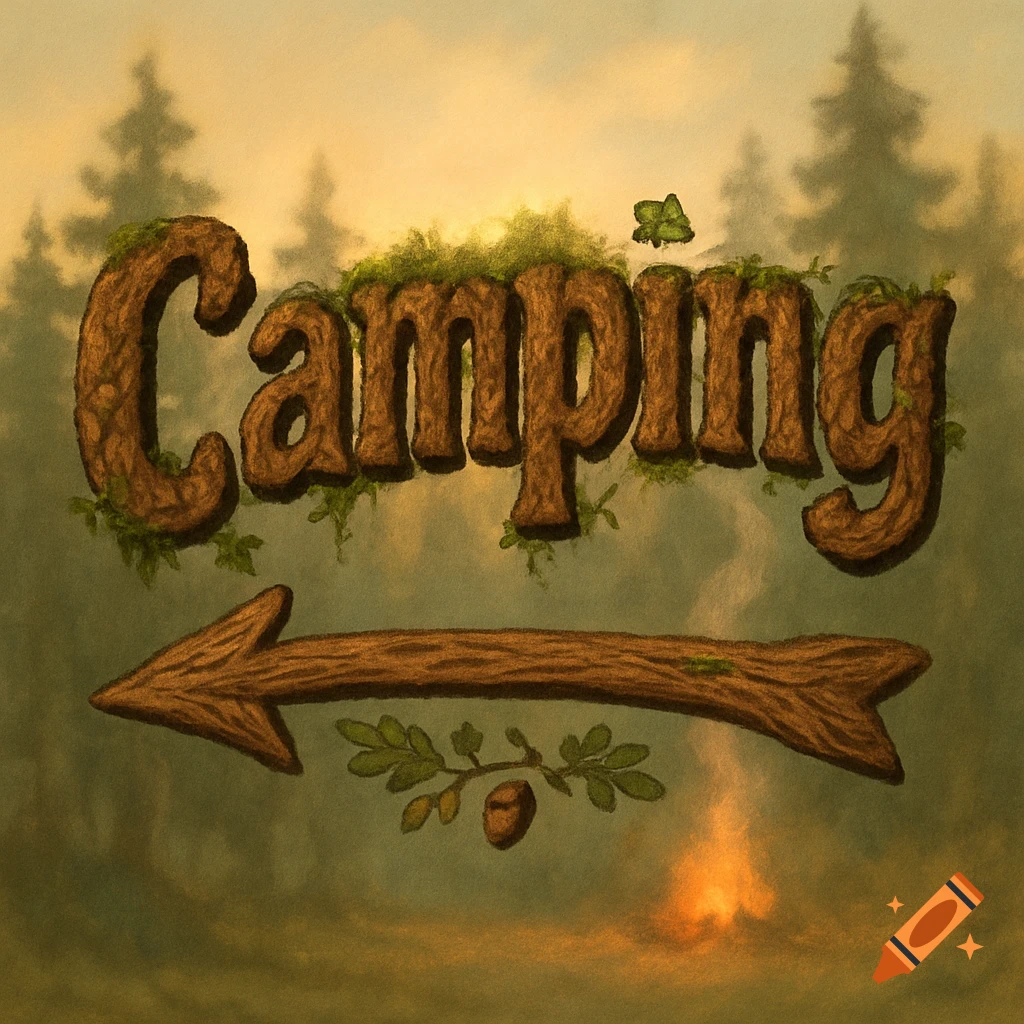 The word Camping in mossy wooden letters over a stylized forest with a campfire and a wooden arrow pointing left.