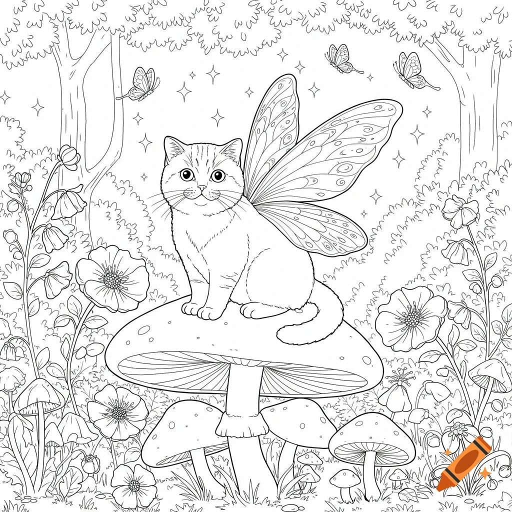 Black-and-white line art coloring page of a winged cat on a mushroom in a whimsical forest with flowers and butterflies.