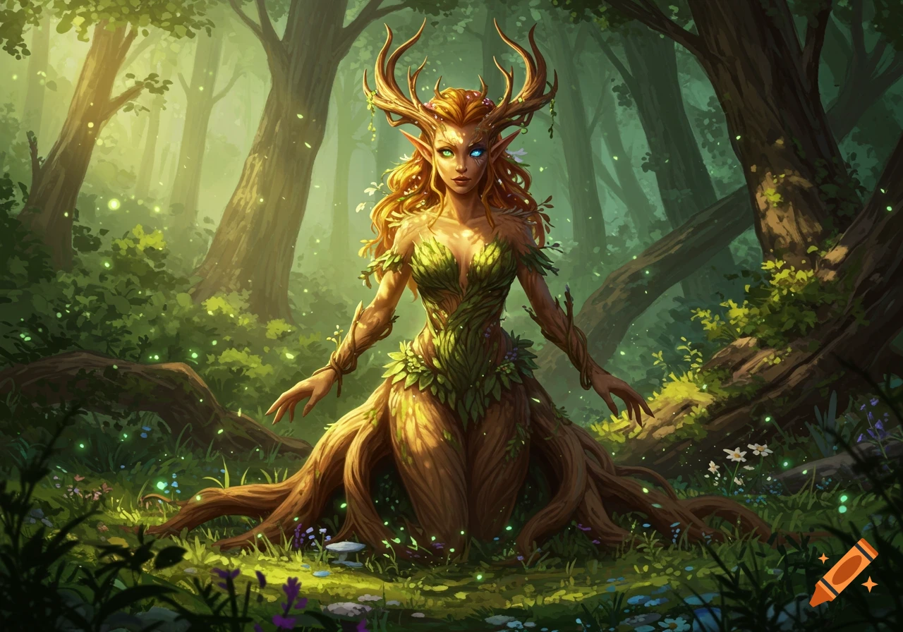 A fantasy illustration of a dryad-like creature with antlers, elf ears, and a body made of bark and leaves, standing in a sunlit forest.
