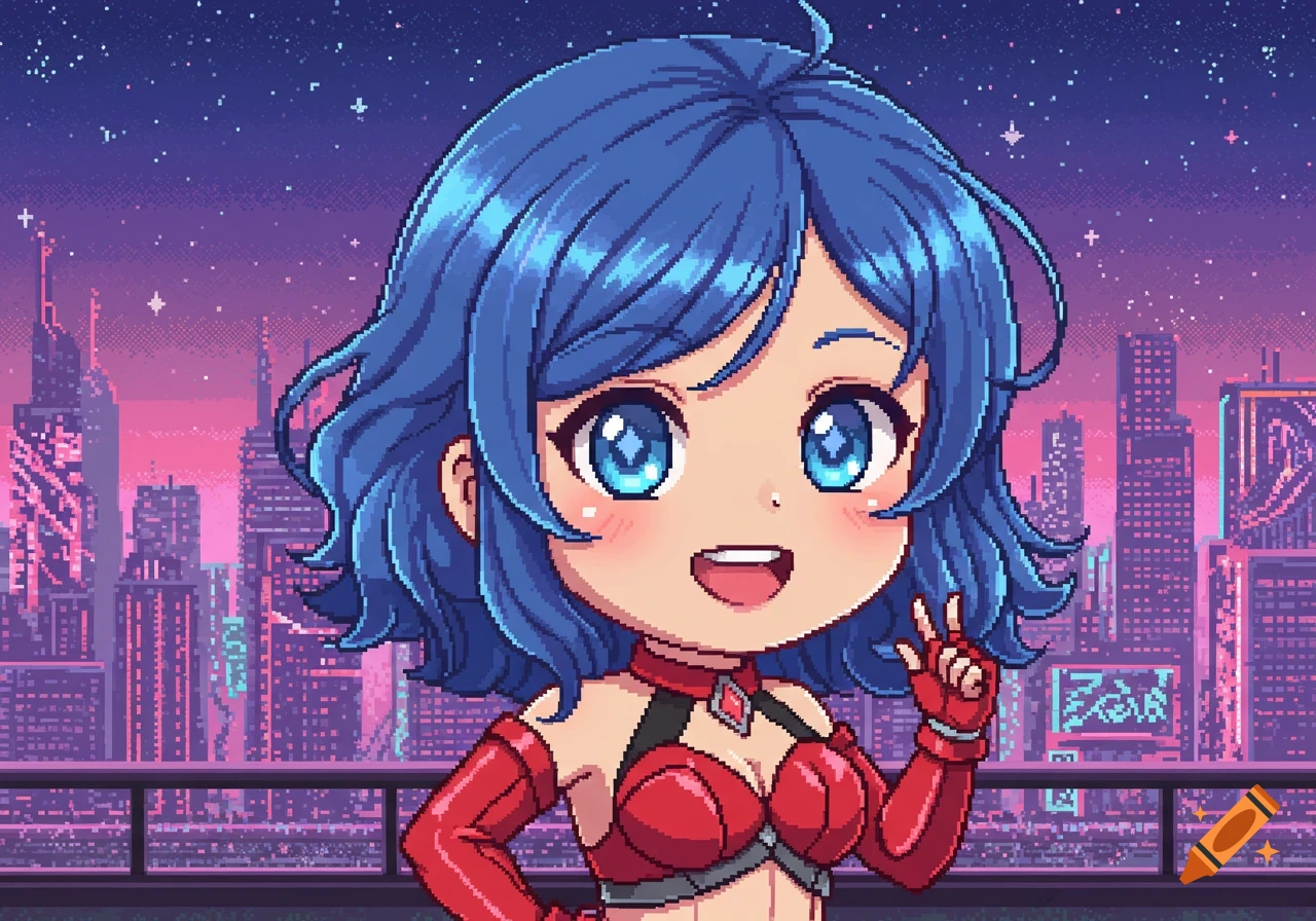 Chibi anime girl with blue hair in a red outfit posing in a pixelated cyberpunk cityscape at night.