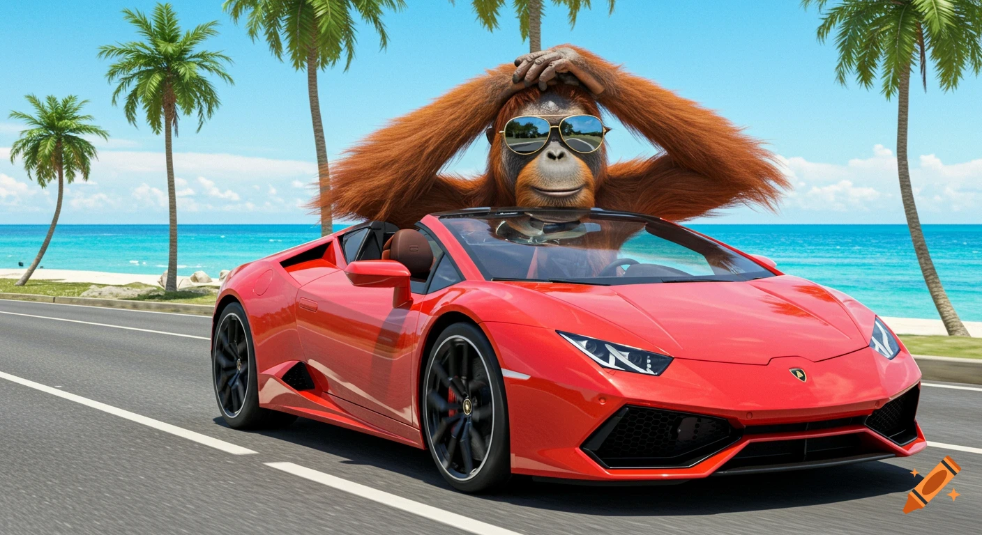 A photorealistic orangutan wearing sunglasses drives a red Lamborghini convertible down a coastal highway, with palm trees and ocean in the background.
