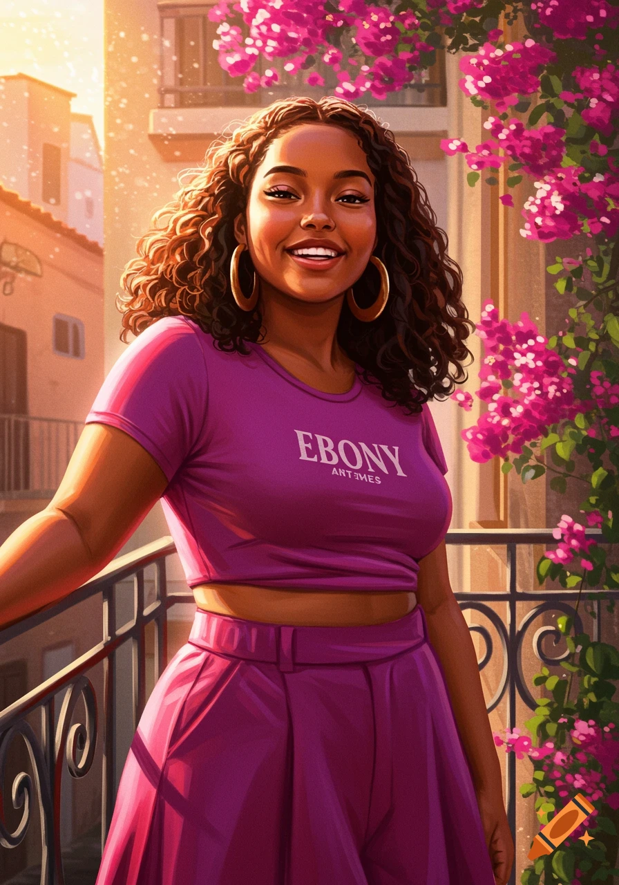 A smiling young Black woman in a purple outfit stands on a balcony with pink flowers in the background.